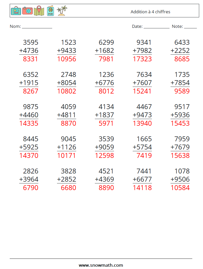 (25) Addition à 4 chiffres Fiches d'Exercices de Mathématiques 13 Question, Réponse