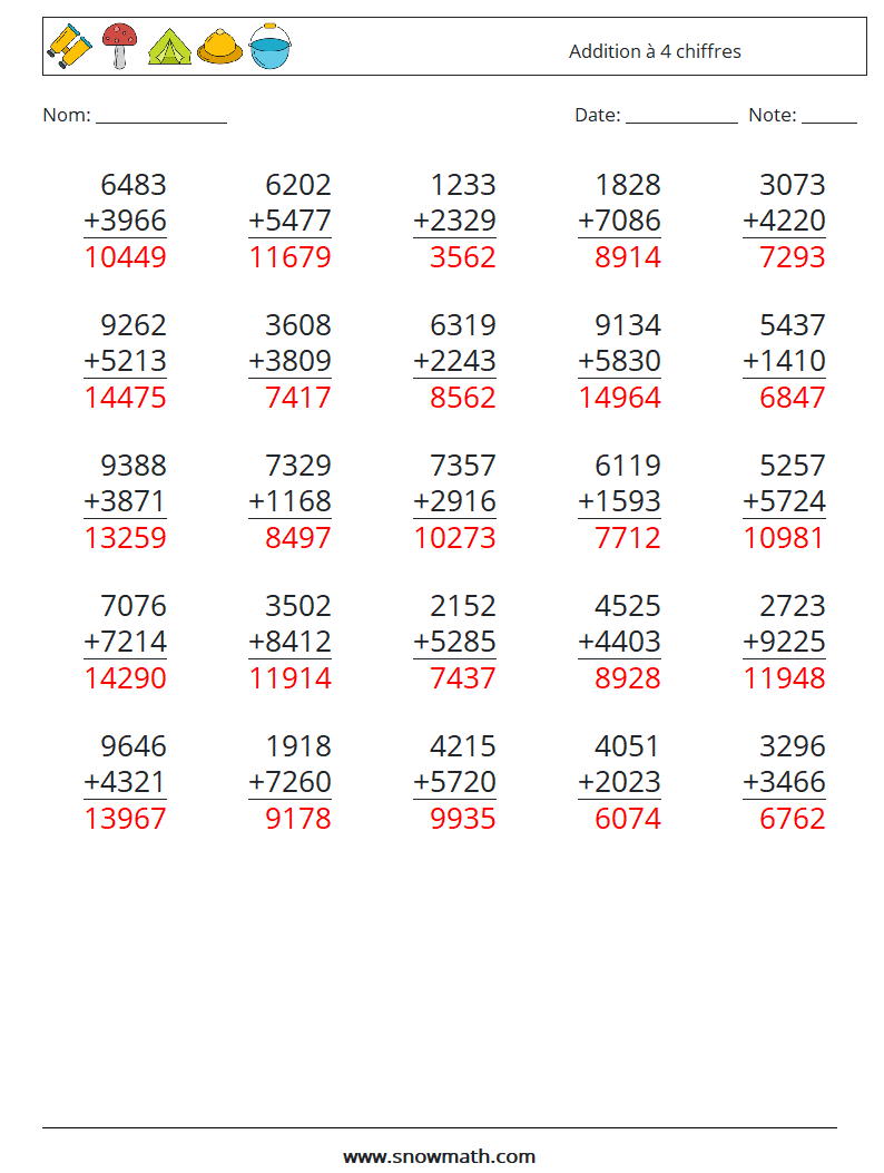 (25) Addition à 4 chiffres Fiches d'Exercices de Mathématiques 16 Question, Réponse