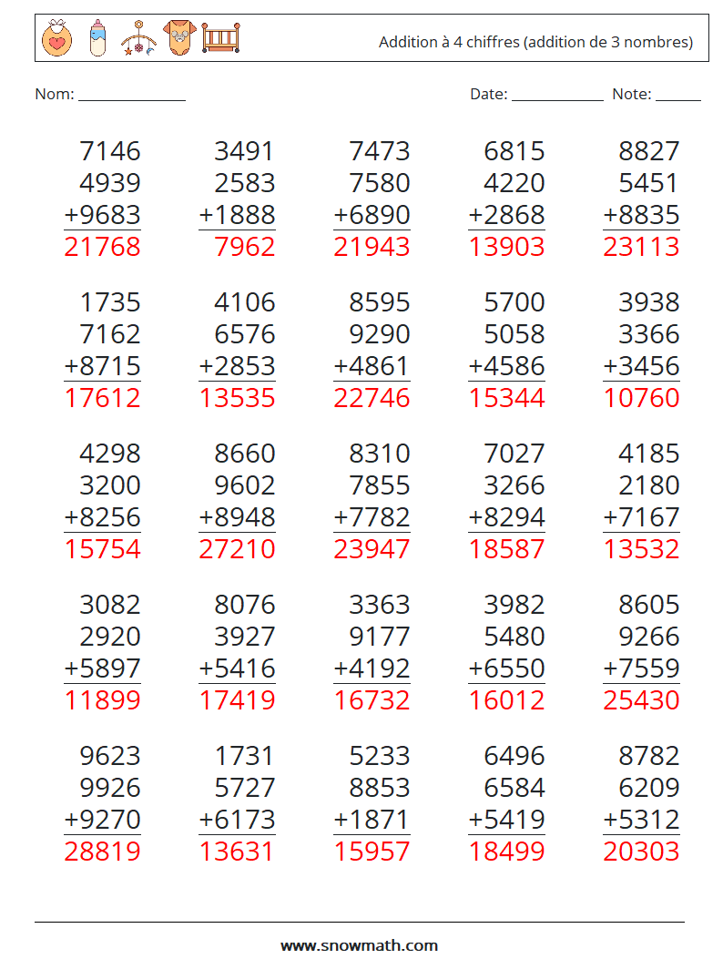 (25) Addition à 4 chiffres (addition de 3 nombres) Fiches d'Exercices de Mathématiques 10 Question, Réponse
