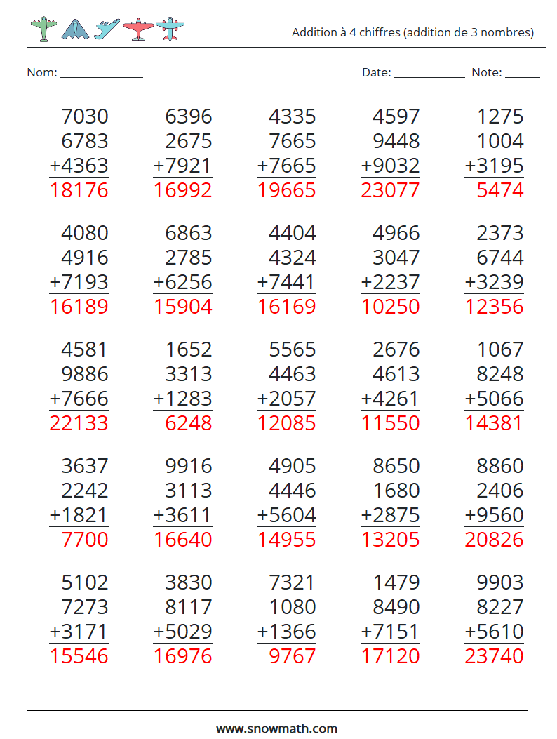 (25) Addition à 4 chiffres (addition de 3 nombres) Fiches d'Exercices de Mathématiques 12 Question, Réponse