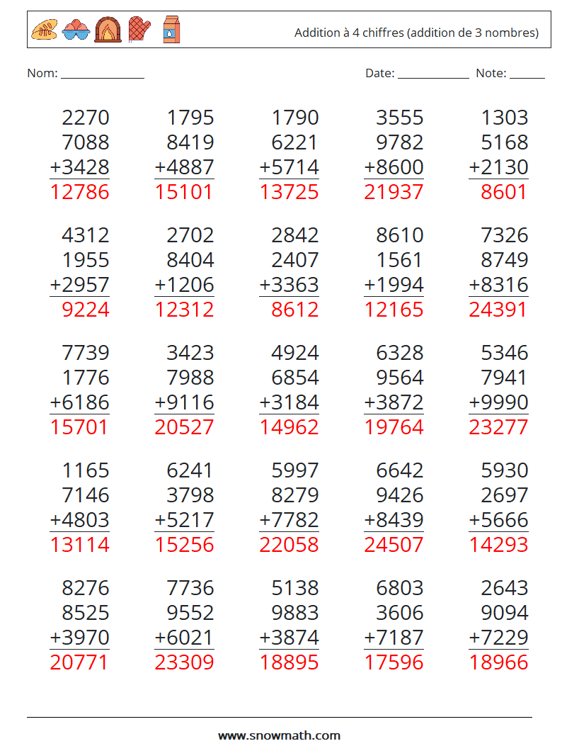 (25) Addition à 4 chiffres (addition de 3 nombres) Fiches d'Exercices de Mathématiques 15 Question, Réponse