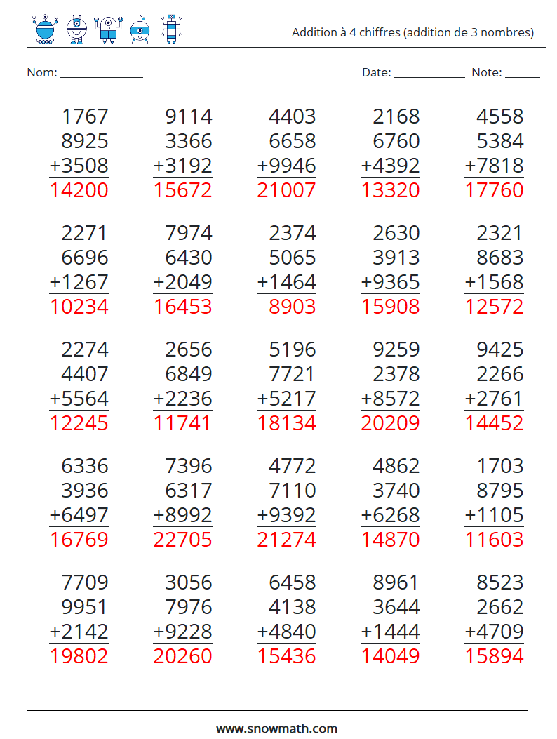(25) Addition à 4 chiffres (addition de 3 nombres) Fiches d'Exercices de Mathématiques 17 Question, Réponse