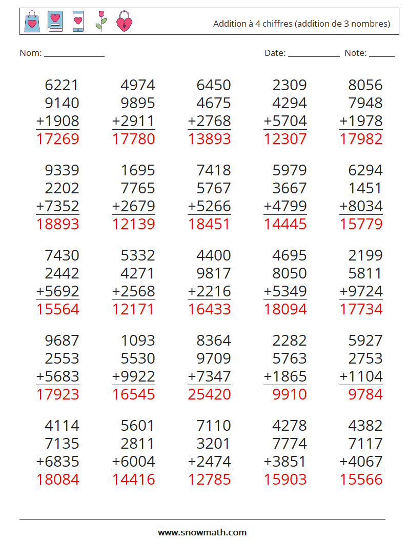 (25) Addition à 4 chiffres (addition de 3 nombres) Fiches d'Exercices de Mathématiques 18 Question, Réponse