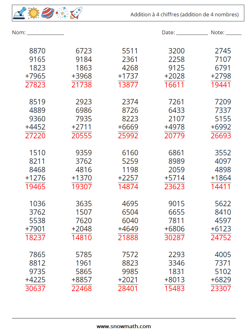 (25) Addition à 4 chiffres (addition de 4 nombres) Fiches d'Exercices de Mathématiques 13 Question, Réponse