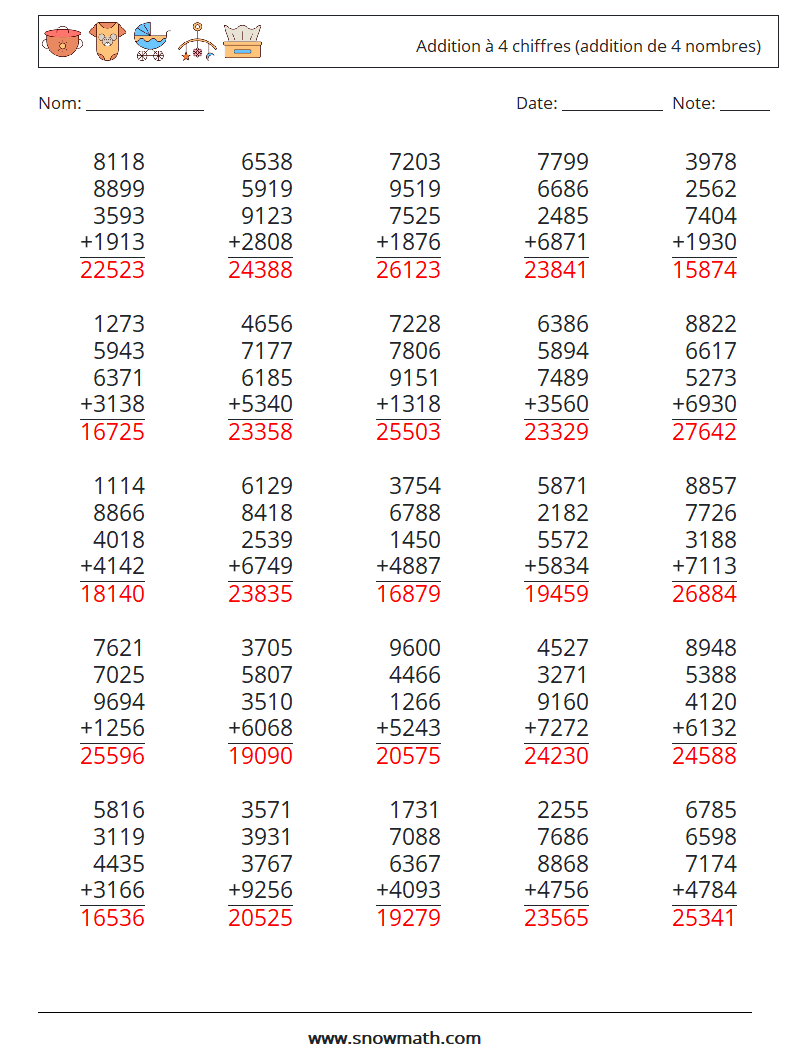 (25) Addition à 4 chiffres (addition de 4 nombres) Fiches d'Exercices de Mathématiques 14 Question, Réponse