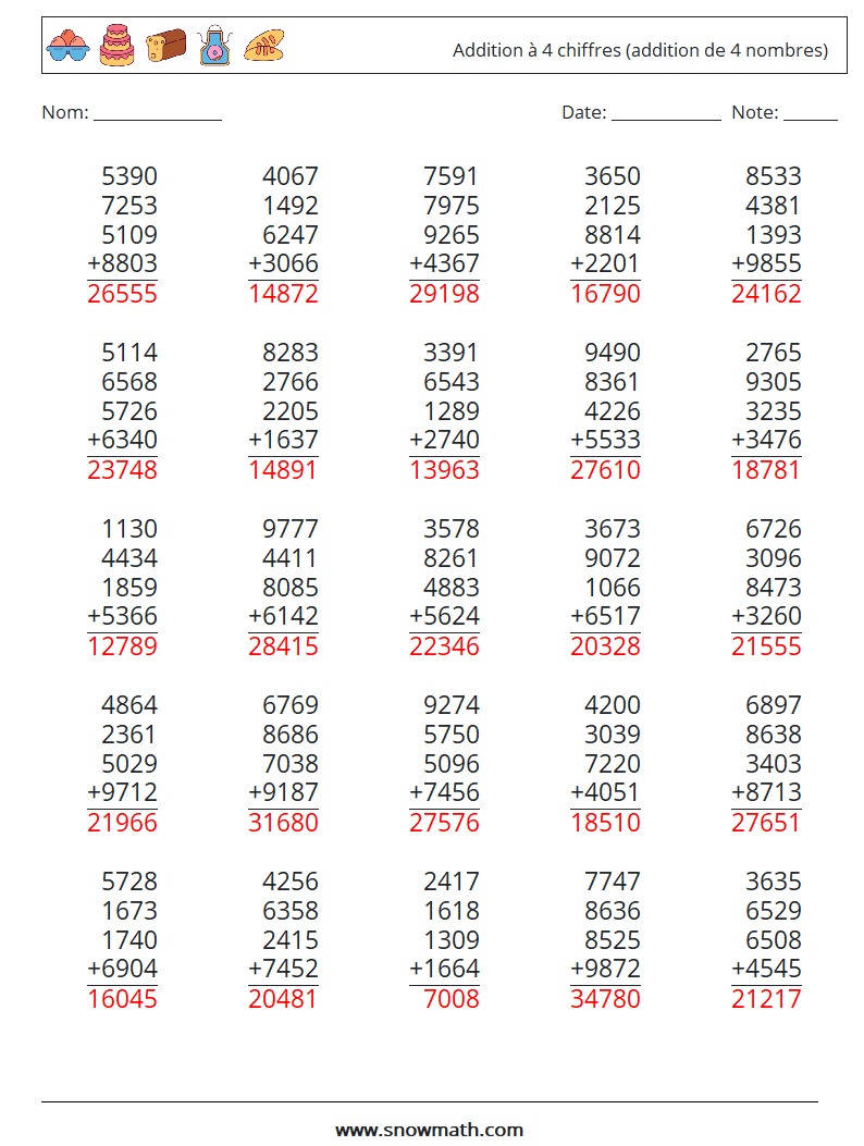 (25) Addition à 4 chiffres (addition de 4 nombres) Fiches d'Exercices de Mathématiques 18 Question, Réponse