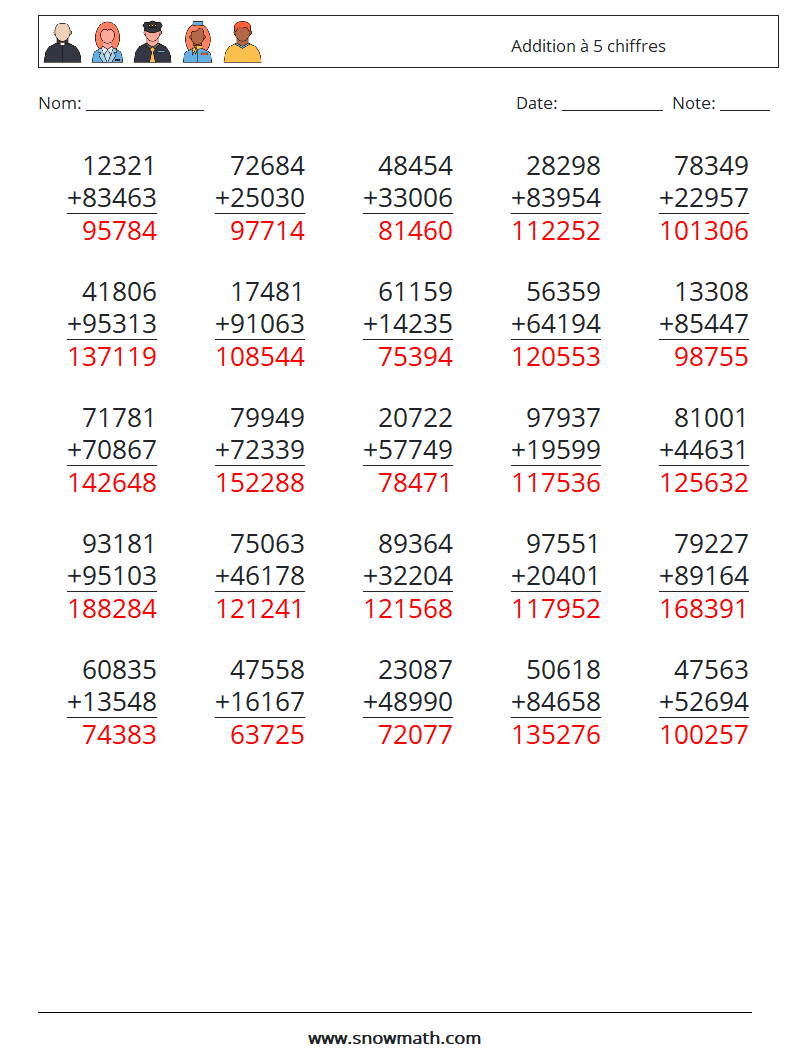 (25) Addition à 5 chiffres Fiches d'Exercices de Mathématiques 13 Question, Réponse