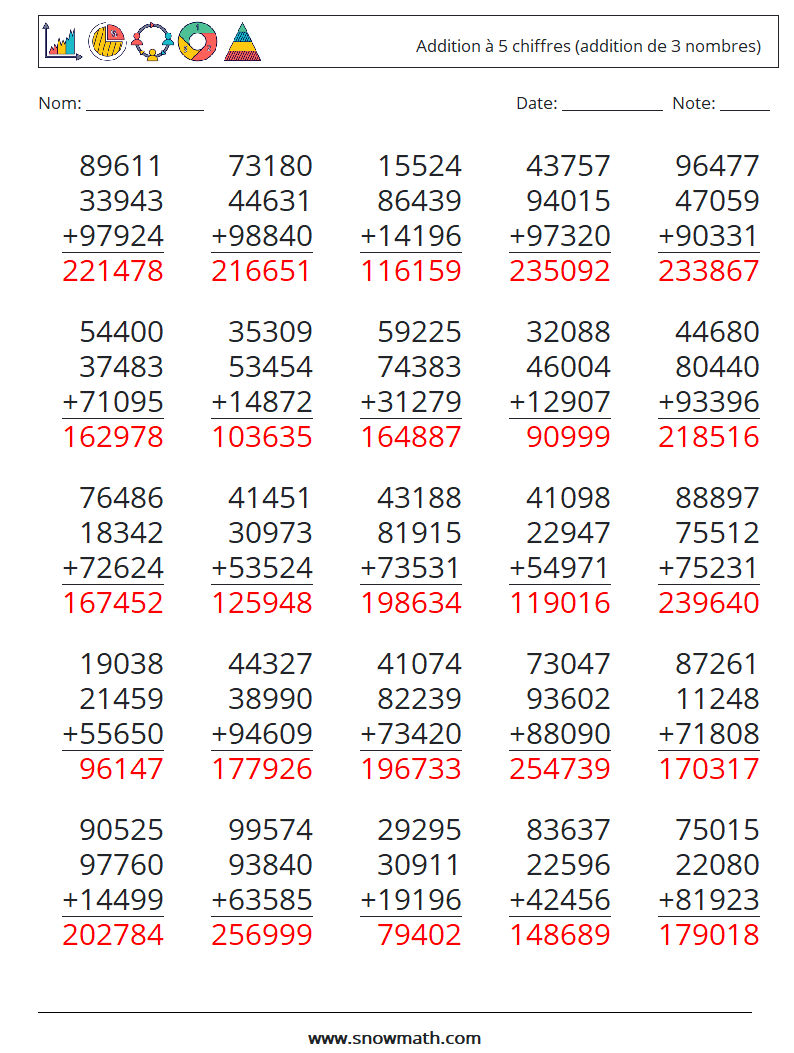 (25) Addition à 5 chiffres (addition de 3 nombres) Fiches d'Exercices de Mathématiques 10 Question, Réponse