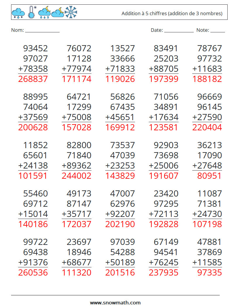 (25) Addition à 5 chiffres (addition de 3 nombres) Fiches d'Exercices de Mathématiques 11 Question, Réponse