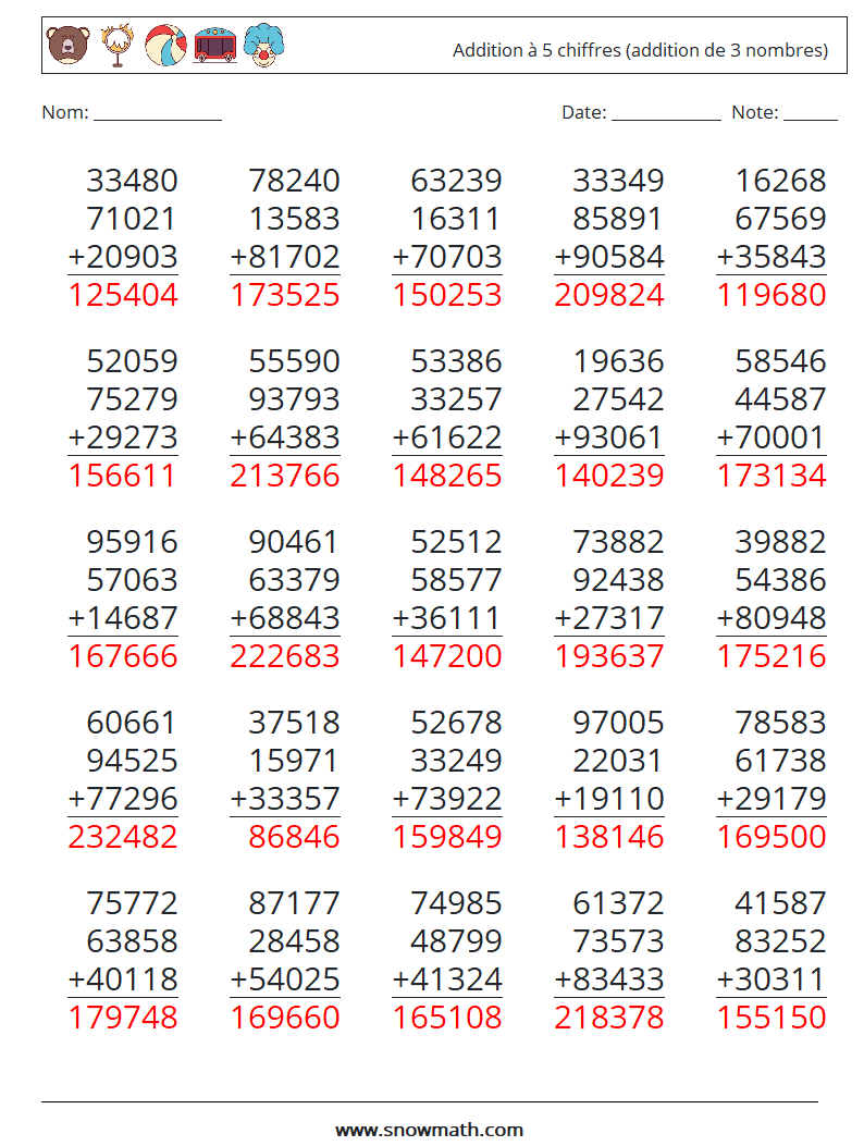 (25) Addition à 5 chiffres (addition de 3 nombres) Fiches d'Exercices de Mathématiques 12 Question, Réponse