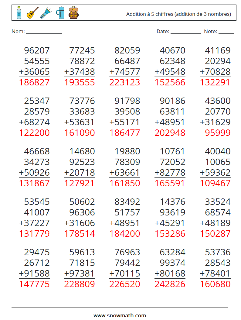 (25) Addition à 5 chiffres (addition de 3 nombres) Fiches d'Exercices de Mathématiques 16 Question, Réponse