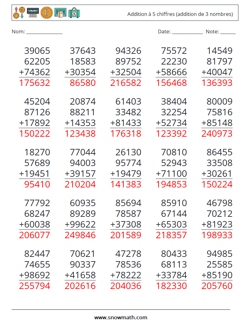 (25) Addition à 5 chiffres (addition de 3 nombres) Fiches d'Exercices de Mathématiques 17 Question, Réponse