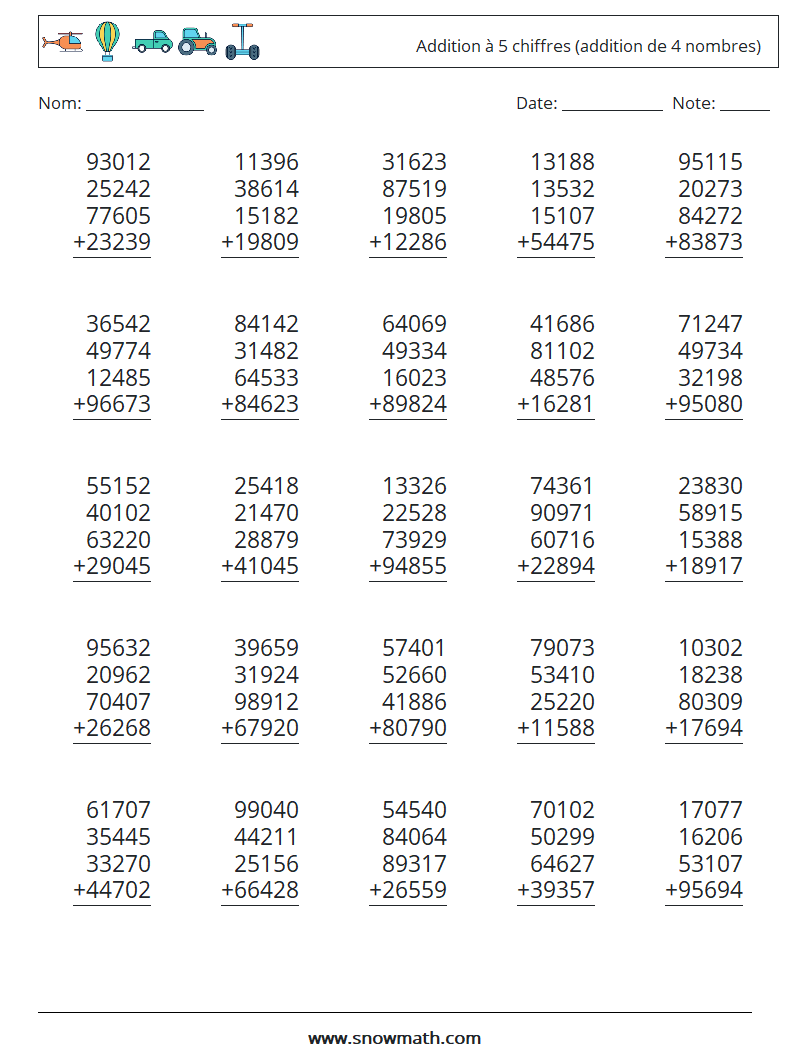 25 Addition A 5 Chiffres Addition De 4 Nombres Fiches D Exercices De Mathematiques Exercices De Mathematiques Pour Enfants