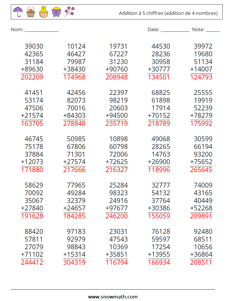 (25) Addition à 5 chiffres (addition de 4 nombres) Fiches d'Exercices de Mathématiques 15 Question, Réponse