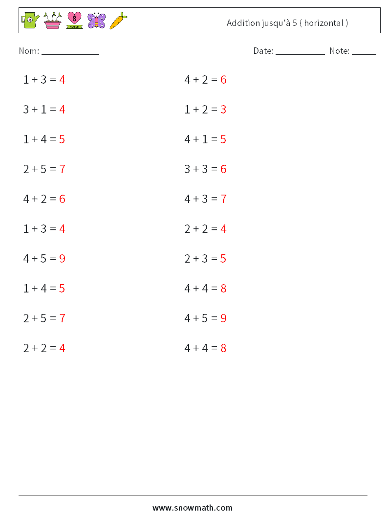 (20) Addition jusqu'à 5 ( horizontal ) Fiches d'Exercices de Mathématiques 1 Question, Réponse
