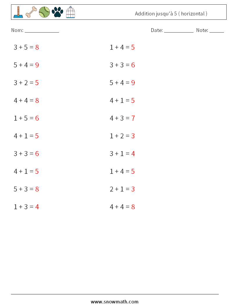 (20) Addition jusqu'à 5 ( horizontal ) Fiches d'Exercices de Mathématiques 2 Question, Réponse