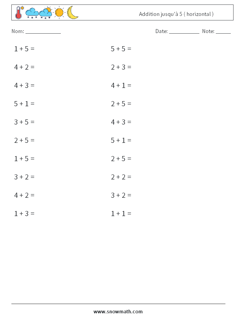 (20) Addition jusqu'à 5 ( horizontal ) Fiches d'Exercices de Mathématiques 3