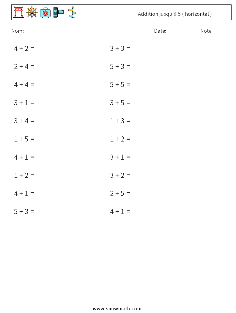 (20) Addition jusqu'à 5 ( horizontal ) Fiches d'Exercices de Mathématiques 4