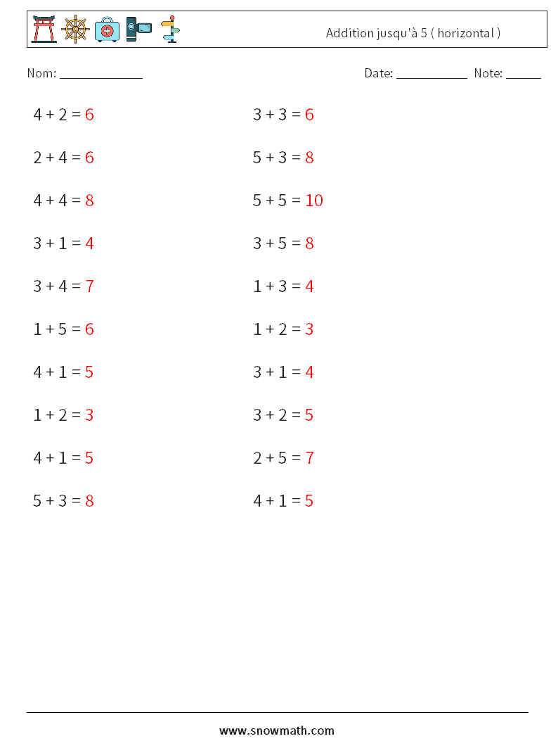 (20) Addition jusqu'à 5 ( horizontal ) Fiches d'Exercices de Mathématiques 4 Question, Réponse