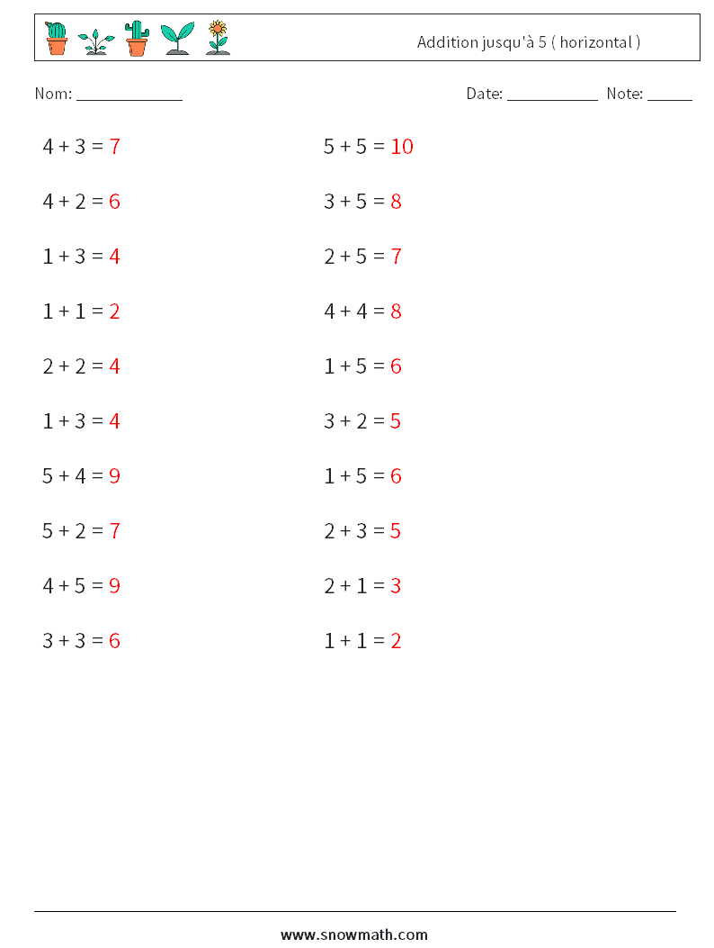 (20) Addition jusqu'à 5 ( horizontal ) Fiches d'Exercices de Mathématiques 5 Question, Réponse