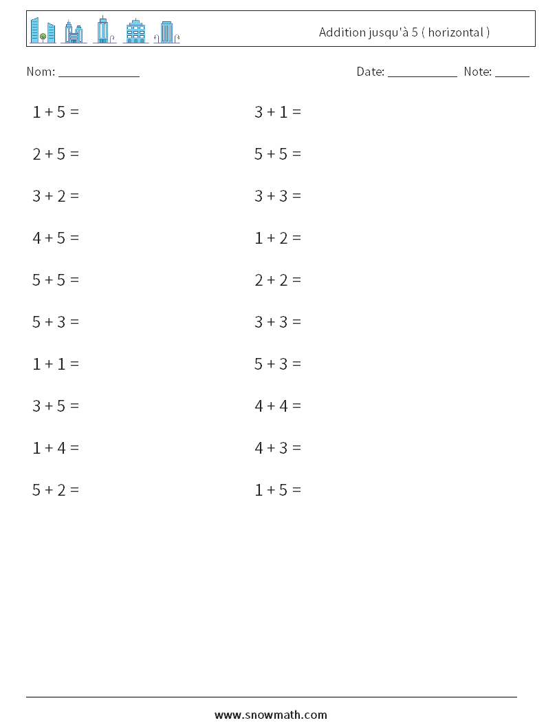 (20) Addition jusqu'à 5 ( horizontal ) Fiches d'Exercices de Mathématiques 6