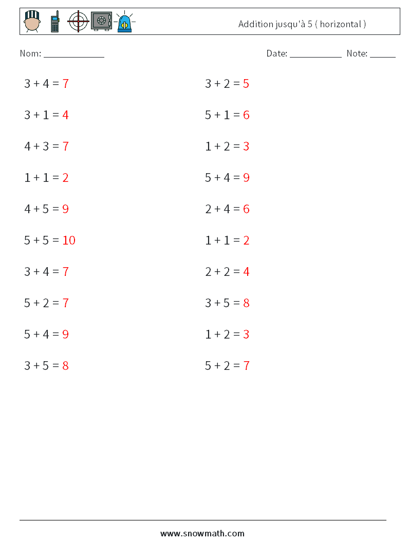 (20) Addition jusqu'à 5 ( horizontal ) Fiches d'Exercices de Mathématiques 7 Question, Réponse