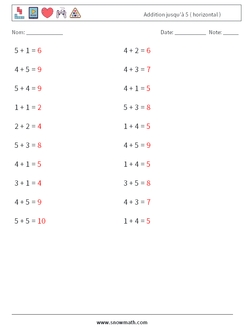 (20) Addition jusqu'à 5 ( horizontal ) Fiches d'Exercices de Mathématiques 8 Question, Réponse