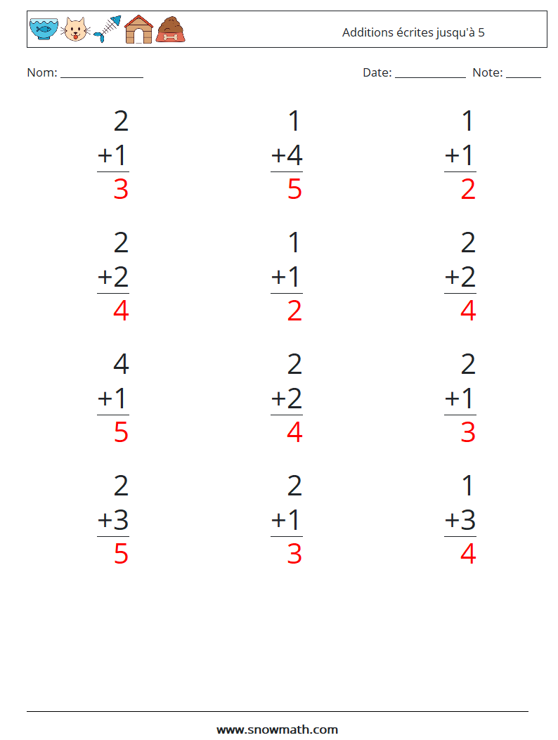 (12) Additions écrites jusqu'à 5 Fiches d'Exercices de Mathématiques 1 Question, Réponse
