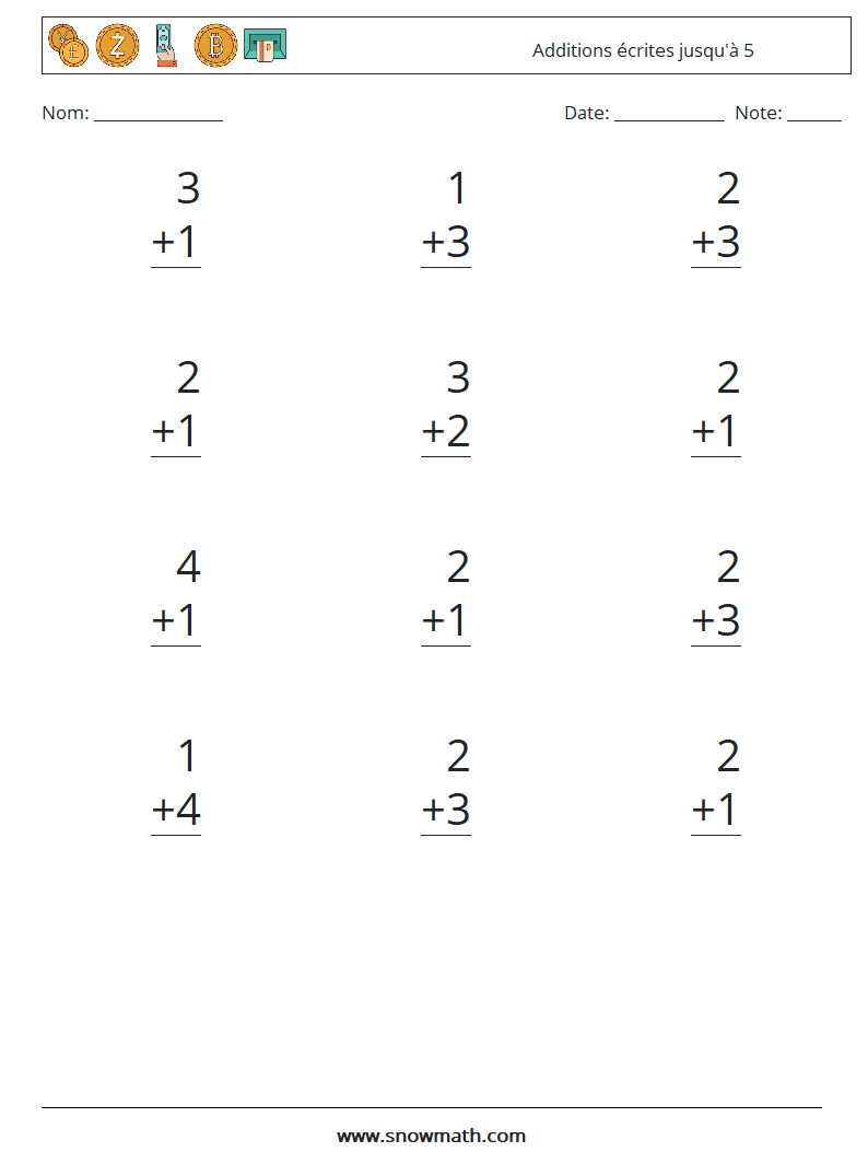 (12) Additions écrites jusqu'à 5 Fiches d'Exercices de Mathématiques 2