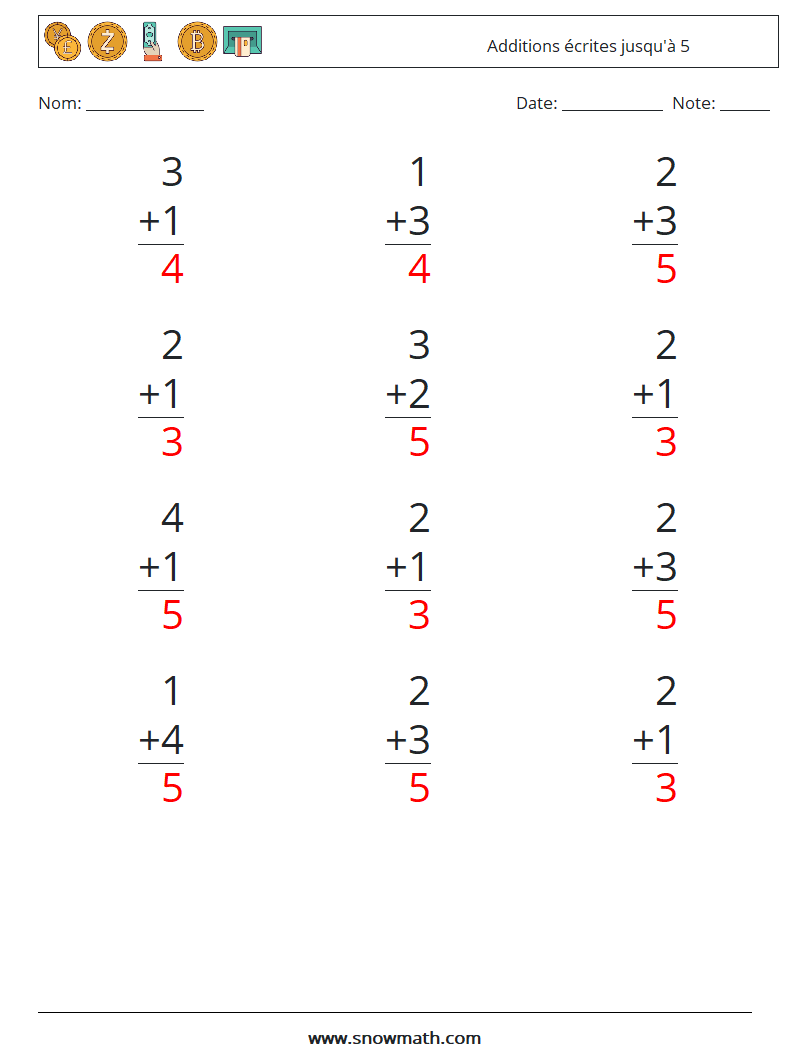 (12) Additions écrites jusqu'à 5 Fiches d'Exercices de Mathématiques 2 Question, Réponse