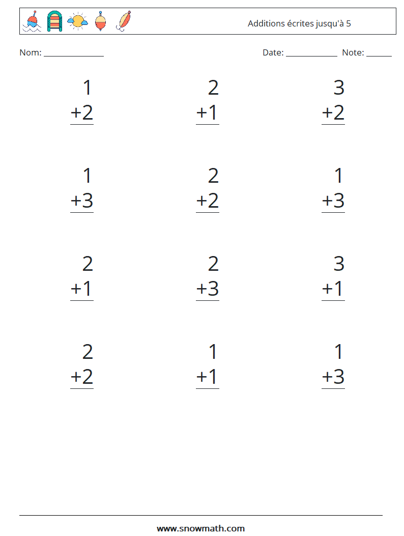 (12) Additions écrites jusqu'à 5 Fiches d'Exercices de Mathématiques 3