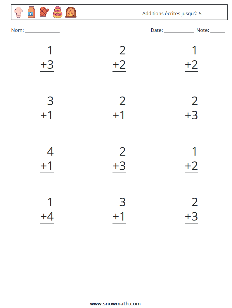 (12) Additions écrites jusqu'à 5 Fiches d'Exercices de Mathématiques 4