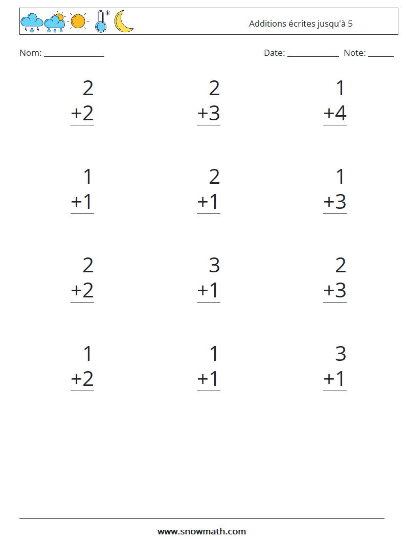 (12) Additions écrites jusqu'à 5 Fiches d'Exercices de Mathématiques 5