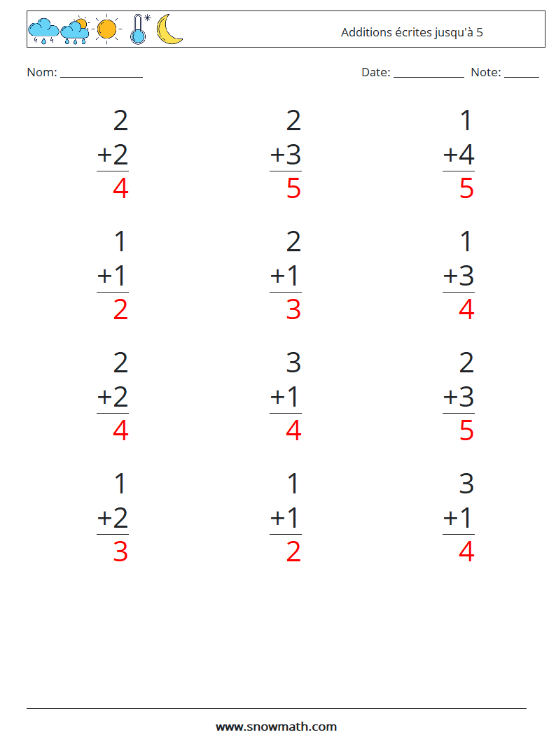 (12) Additions écrites jusqu'à 5 Fiches d'Exercices de Mathématiques 5 Question, Réponse