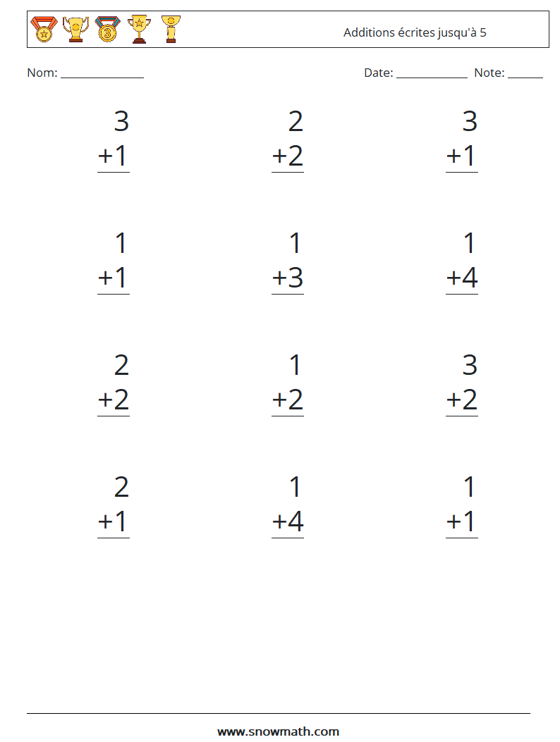 (12) Additions écrites jusqu'à 5 Fiches d'Exercices de Mathématiques 6