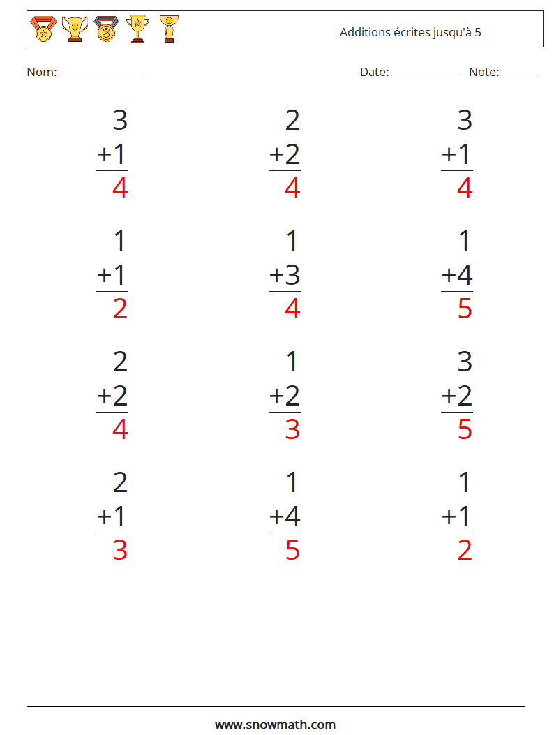 (12) Additions écrites jusqu'à 5 Fiches d'Exercices de Mathématiques 6 Question, Réponse