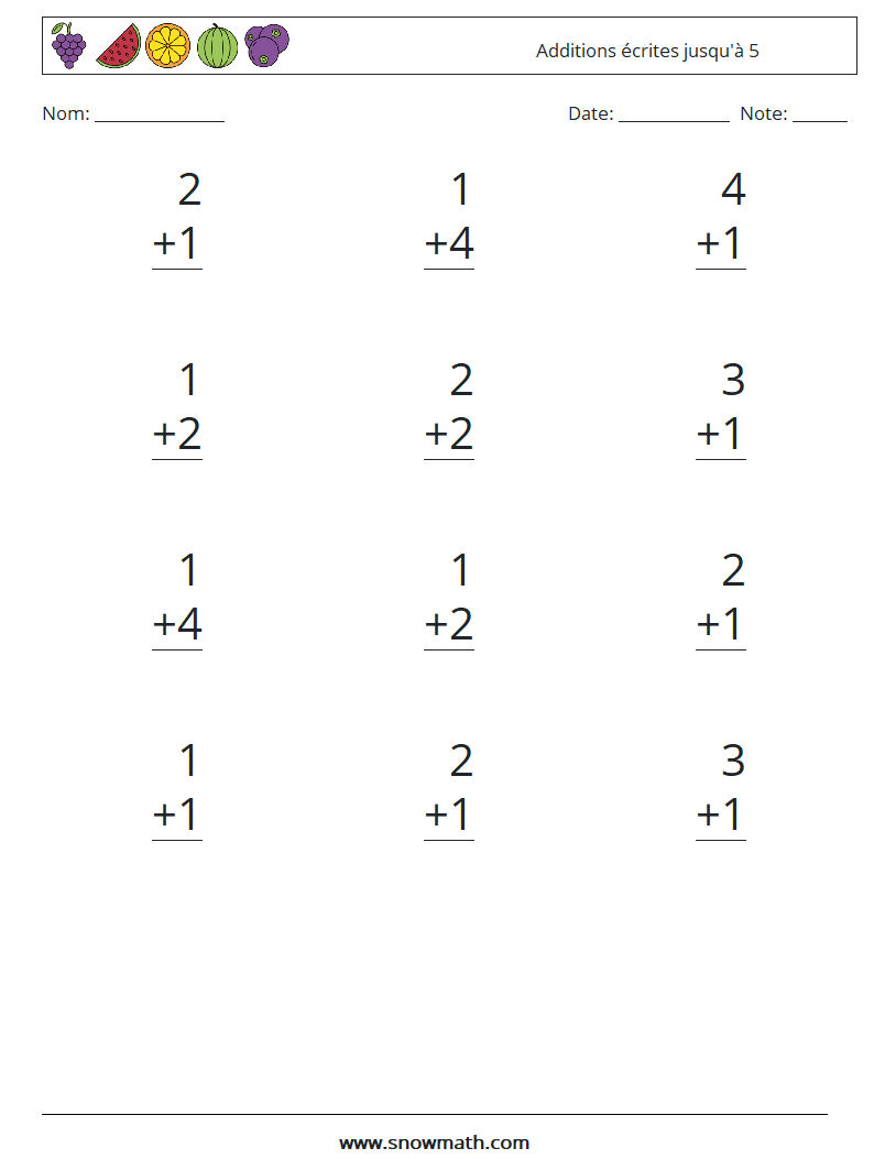 (12) Additions écrites jusqu'à 5 Fiches d'Exercices de Mathématiques 7