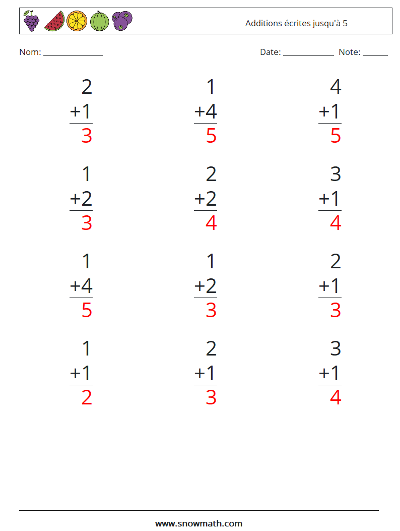 (12) Additions écrites jusqu'à 5 Fiches d'Exercices de Mathématiques 7 Question, Réponse