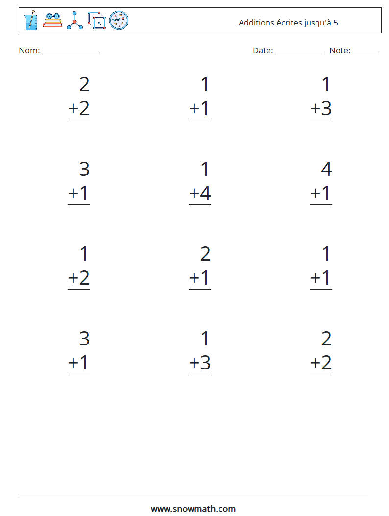 (12) Additions écrites jusqu'à 5 Fiches d'Exercices de Mathématiques 8