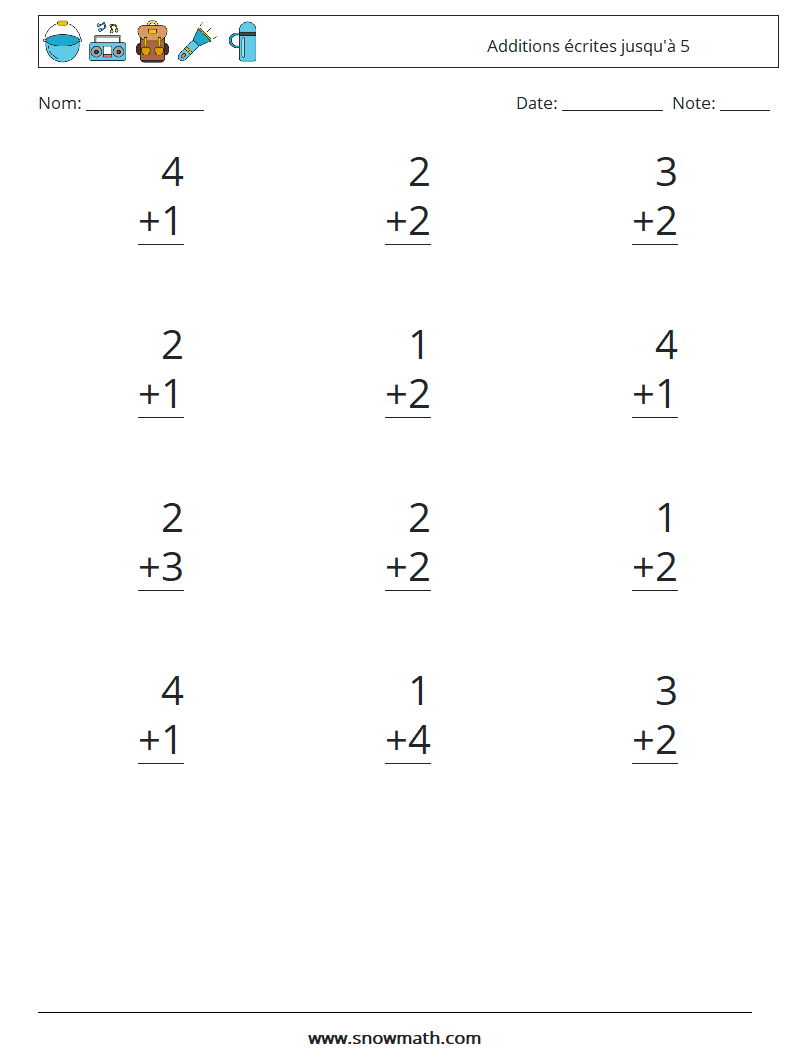 (12) Additions écrites jusqu'à 5 Fiches d'Exercices de Mathématiques 9