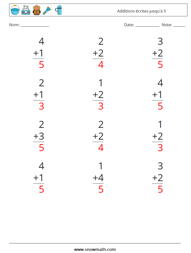 (12) Additions écrites jusqu'à 5 Fiches d'Exercices de Mathématiques 9 Question, Réponse