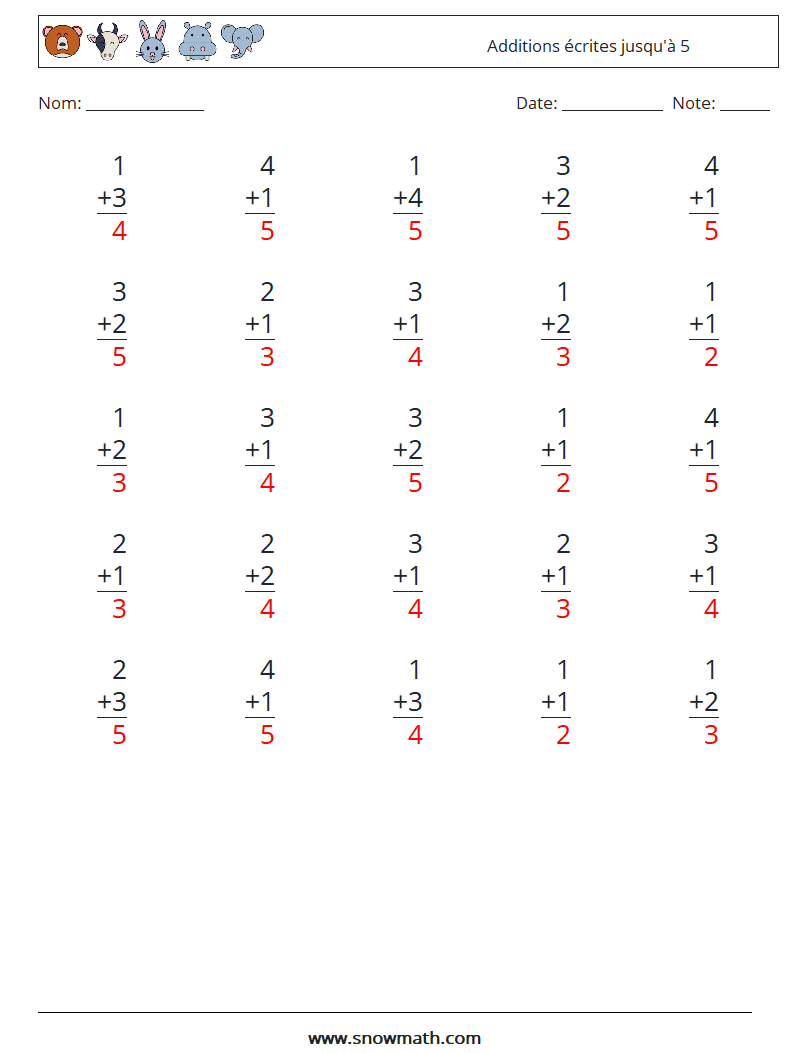 (25) Additions écrites jusqu'à 5 Fiches d'Exercices de Mathématiques 1 Question, Réponse