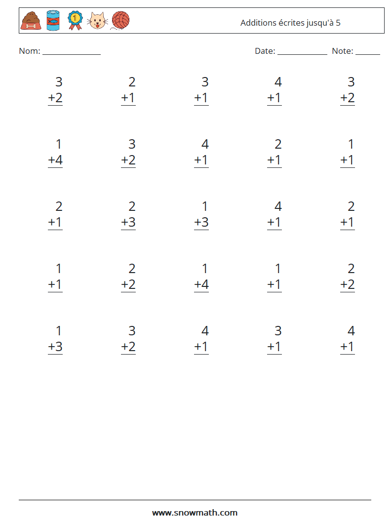 (25) Additions écrites jusqu'à 5 Fiches d'Exercices de Mathématiques 2