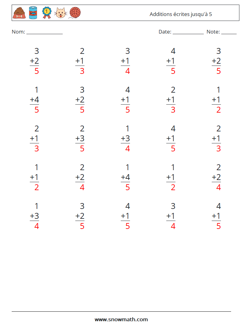 (25) Additions écrites jusqu'à 5 Fiches d'Exercices de Mathématiques 2 Question, Réponse