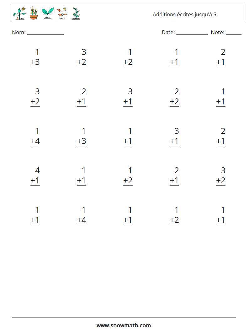 (25) Additions écrites jusqu'à 5 Fiches d'Exercices de Mathématiques 3