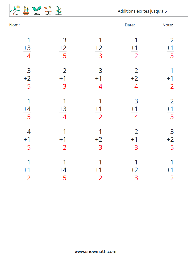 (25) Additions écrites jusqu'à 5 Fiches d'Exercices de Mathématiques 3 Question, Réponse