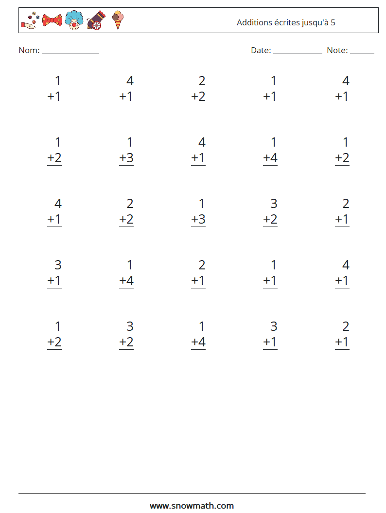 (25) Additions écrites jusqu'à 5 Fiches d'Exercices de Mathématiques 4