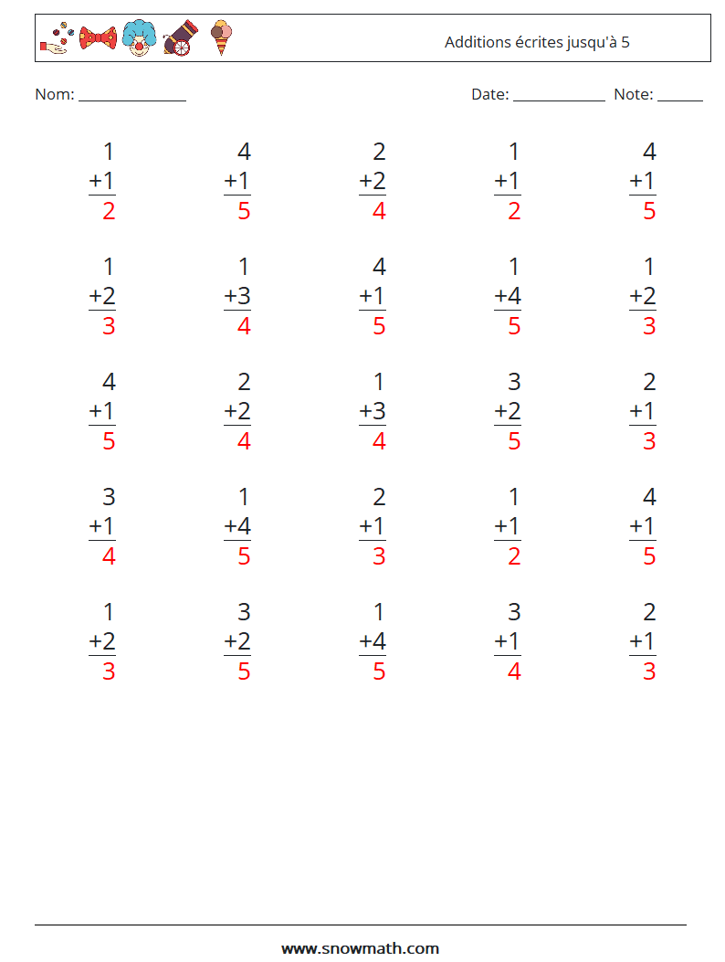 (25) Additions écrites jusqu'à 5 Fiches d'Exercices de Mathématiques 4 Question, Réponse