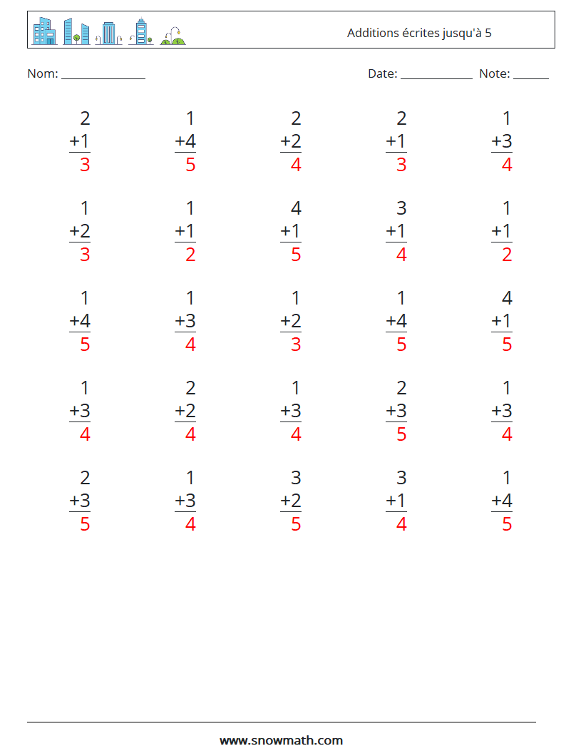 (25) Additions écrites jusqu'à 5 Fiches d'Exercices de Mathématiques 7 Question, Réponse