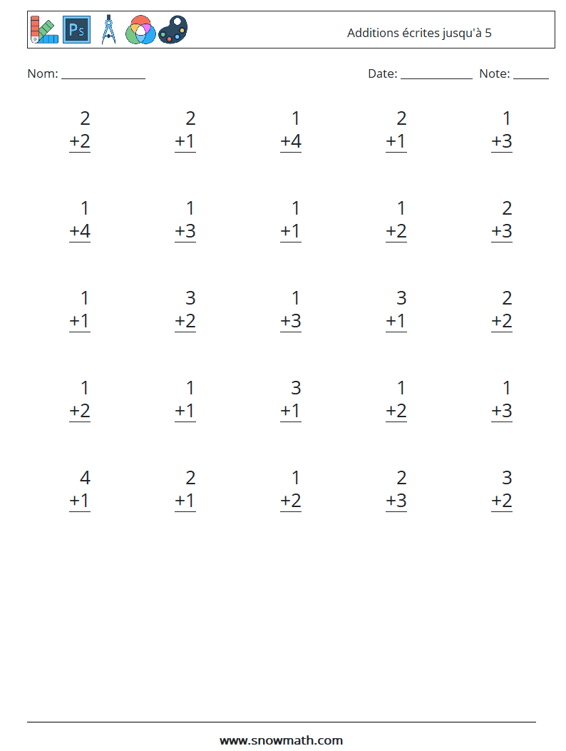(25) Additions écrites jusqu'à 5 Fiches d'Exercices de Mathématiques 8